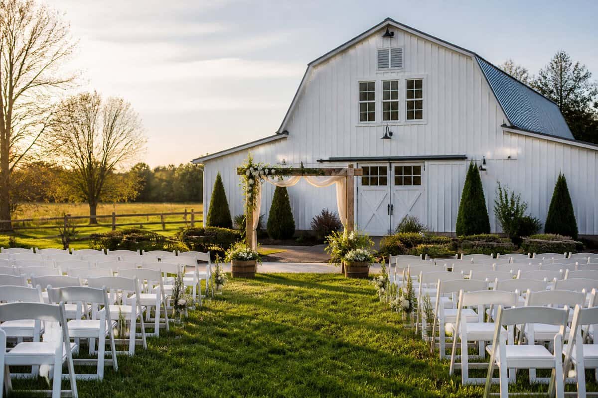 A charming affordable wedding venue with white chairs, a floral arbor, and a landscaped garden.