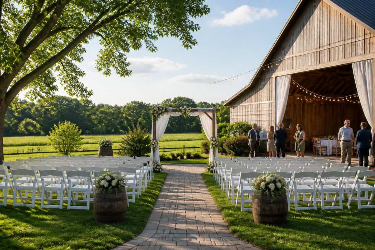 A charming outdoor wedding venue with simple floral decorations, white chairs, and tables beneath warm string lights.
