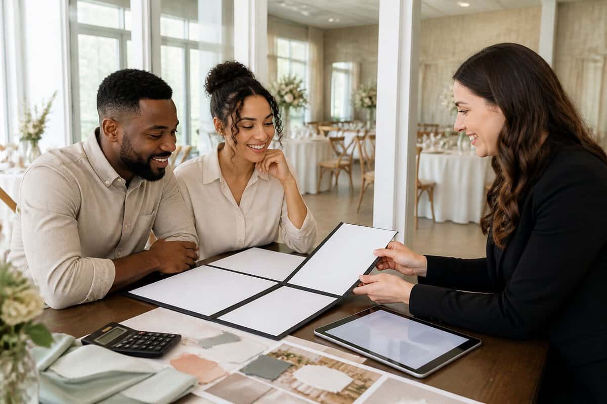 An engaged couple compares wedding venue package materials with a coordinator at a bright reception venue.