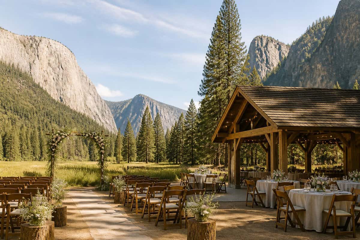 A simple outdoor wedding venue with chairs, flowers, and reception tables set in a meadow near Yosemite’s mountains.