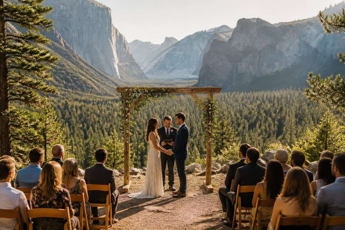 An intimate outdoor wedding ceremony with simple wooden seating beneath a floral arch in a mountain meadow surrounded by pine trees and granite cliffs.