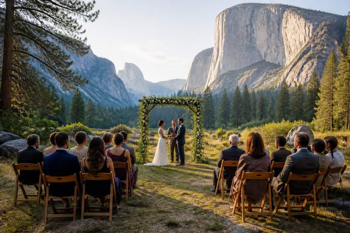 A simple wedding ceremony setup in a Yosemite meadow with chairs, a floral arch, guests, pine trees, and granite cliffs.