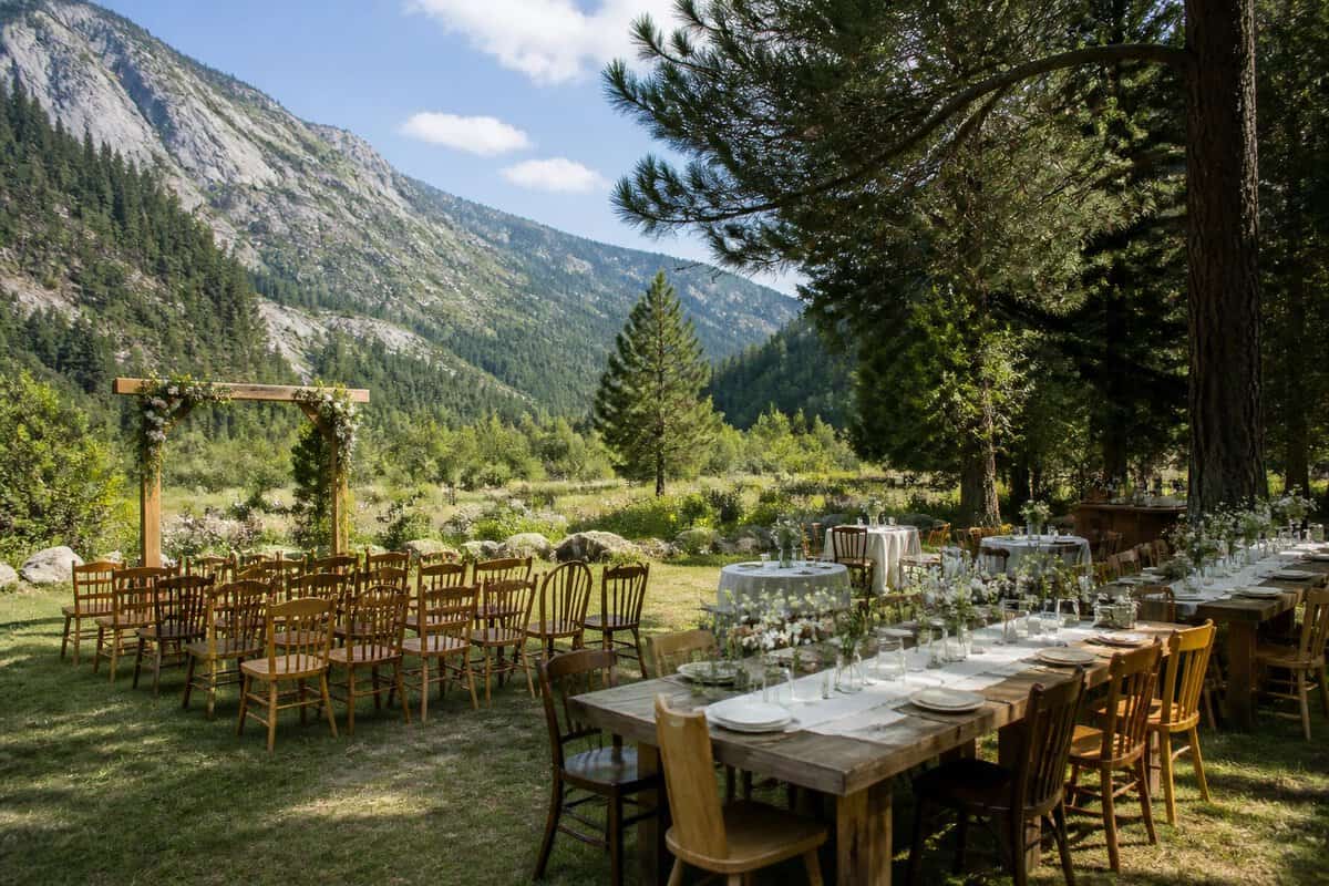 A simple outdoor wedding venue with chairs, a floral arbor, and farmhouse tables in a pine-covered mountain meadow.