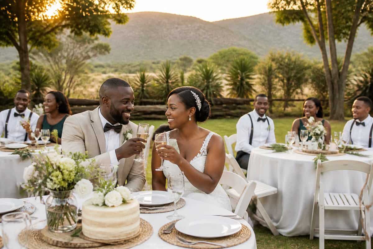 A Zimbabwean couple celebrates with guests at a simple outdoor wedding reception in a green garden venue.
