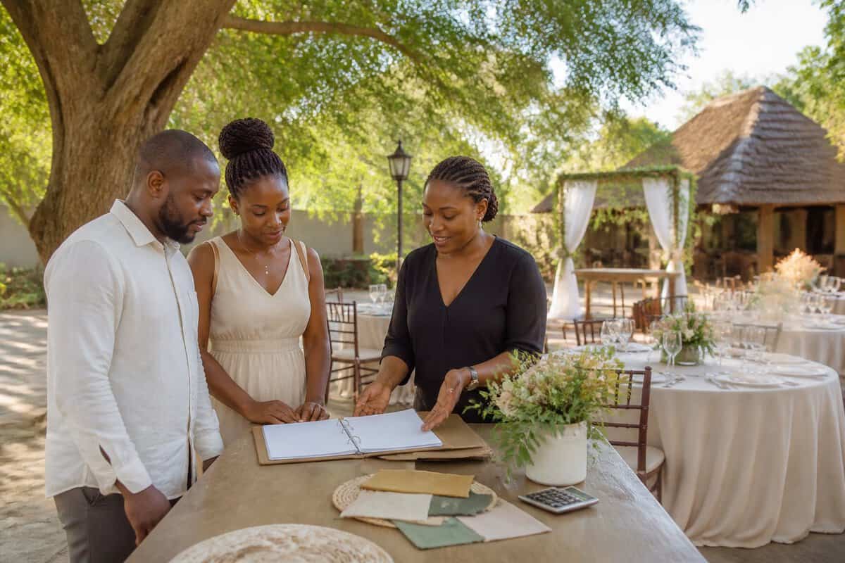 A couple and venue coordinator review plans at a modest outdoor wedding venue in Zimbabwe.