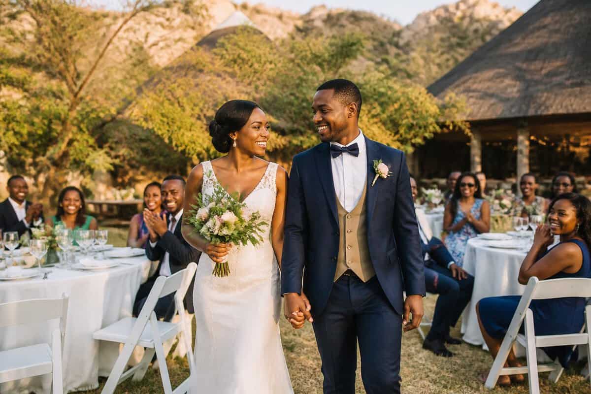 A newlywed Zimbabwean couple celebrates with guests at an affordable outdoor wedding venue.