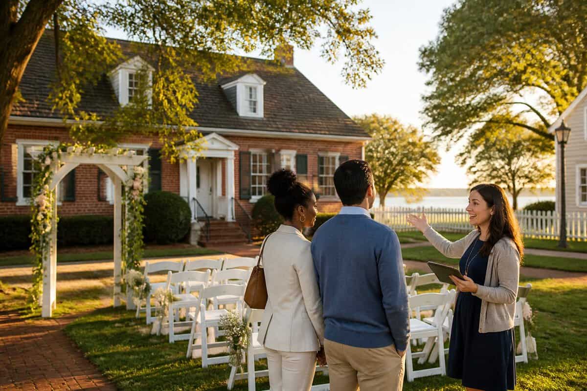 A couple tours a charming historic wedding venue with a coordinator on a landscaped lawn.