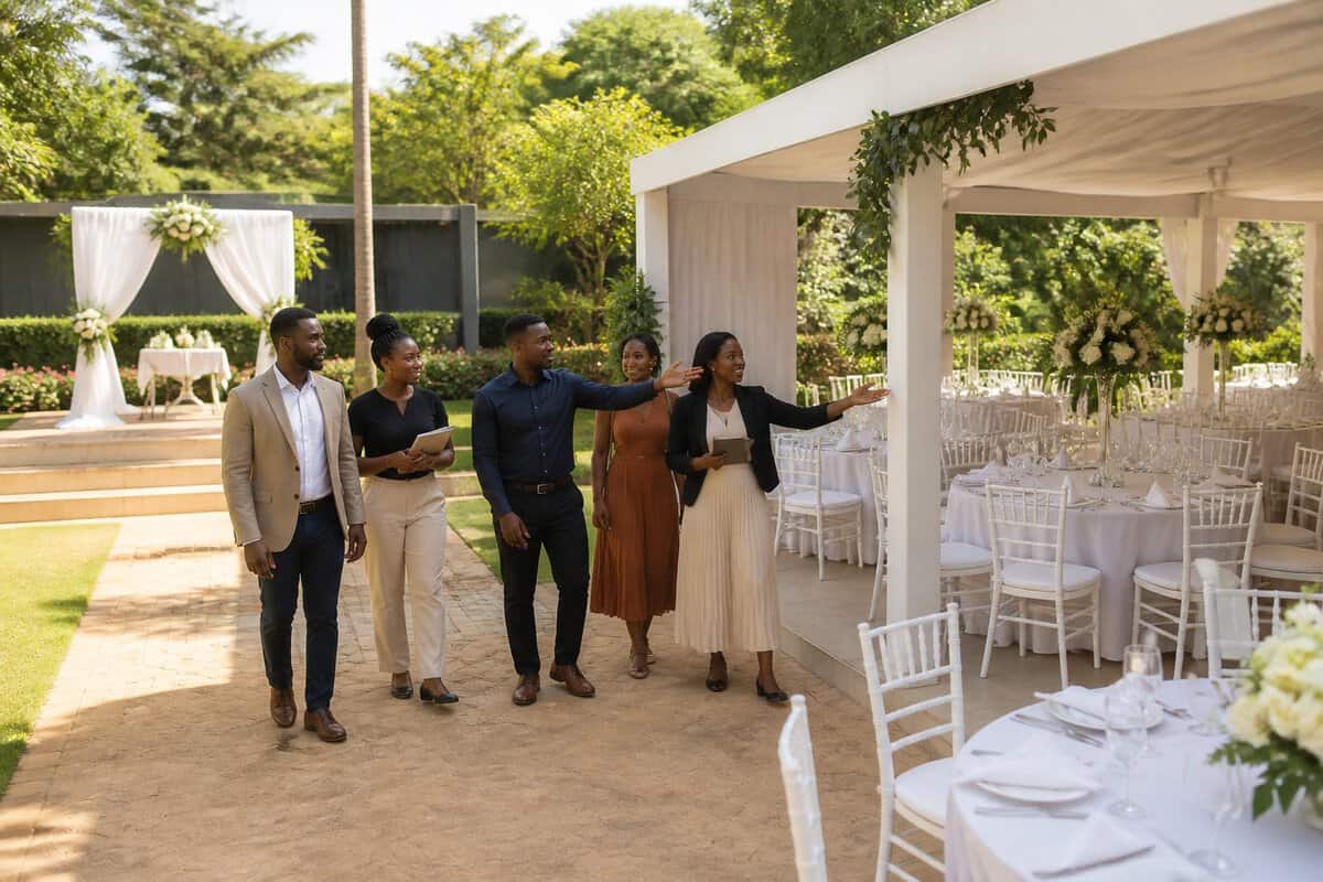 A wedding-planning group views an affordable garden venue with a marquee tent and decorated reception tables in Harare.