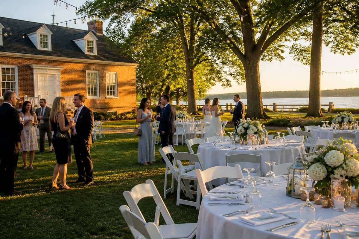 Guests gather at a modest outdoor wedding reception near a historic Yorktown venue.