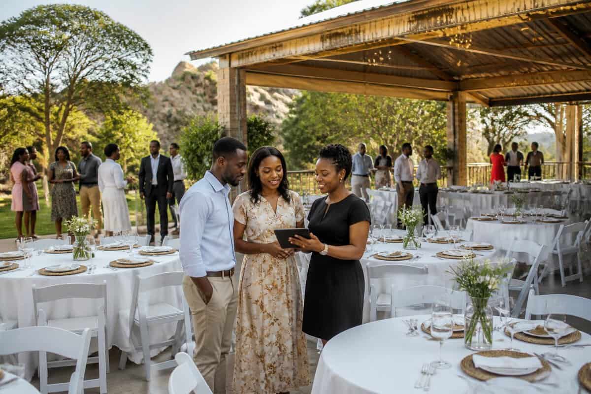 A couple and venue coordinator review seating at a modest outdoor wedding venue in Zimbabwe.