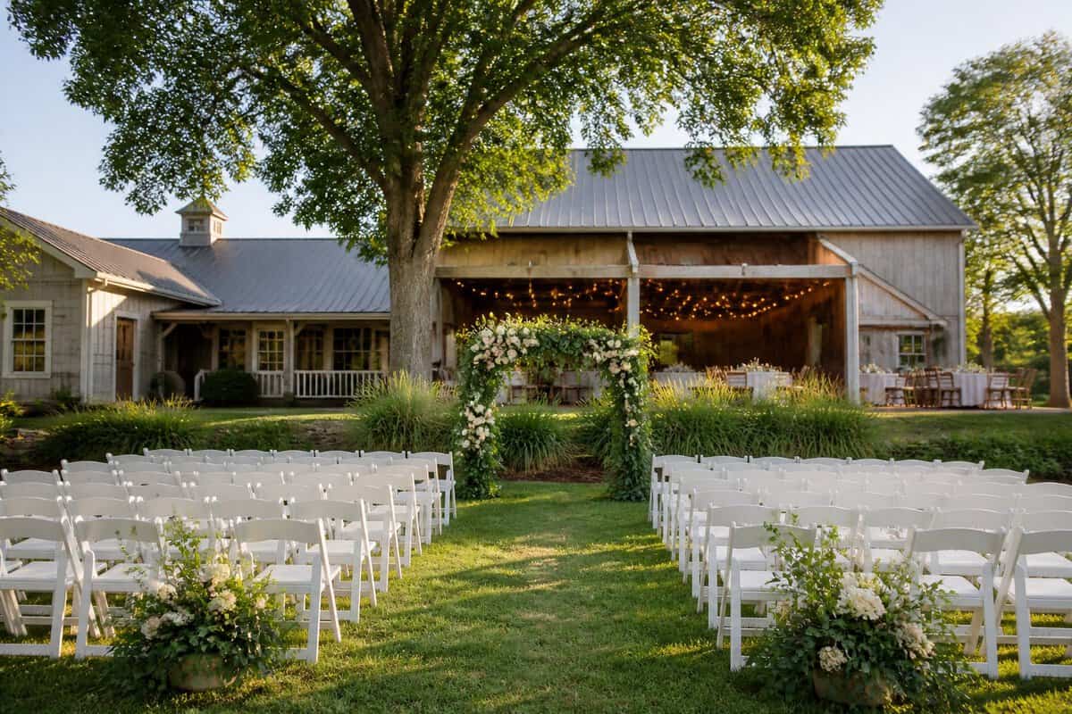An affordable wedding venue near Yorktown with a simple outdoor ceremony setup, green lawn, and warmly decorated reception area.