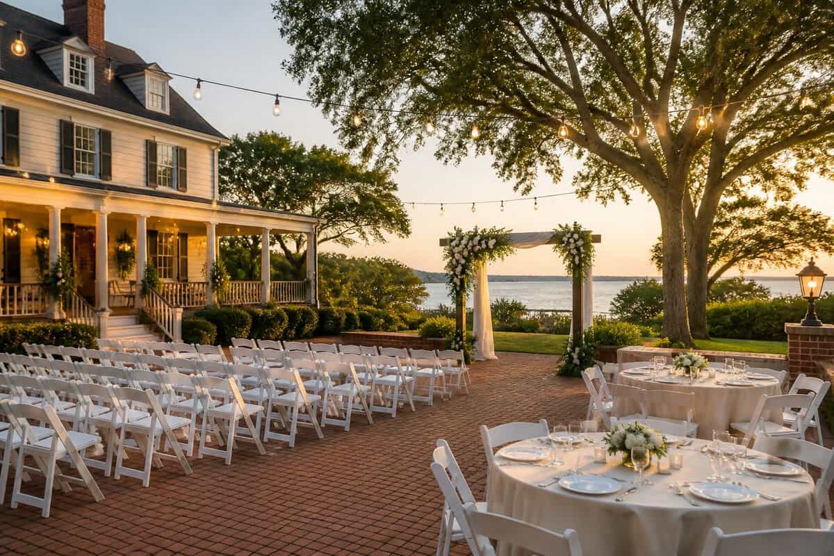 An affordable outdoor wedding venue with simple white chairs, floral decorations, and reception tables near a waterfront garden.
