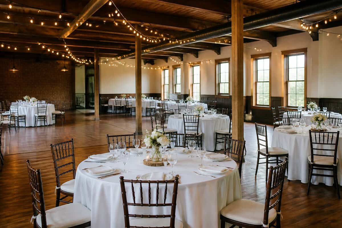 An intimate wedding reception venue with neatly arranged tables, simple floral centerpieces, and warm string lights.