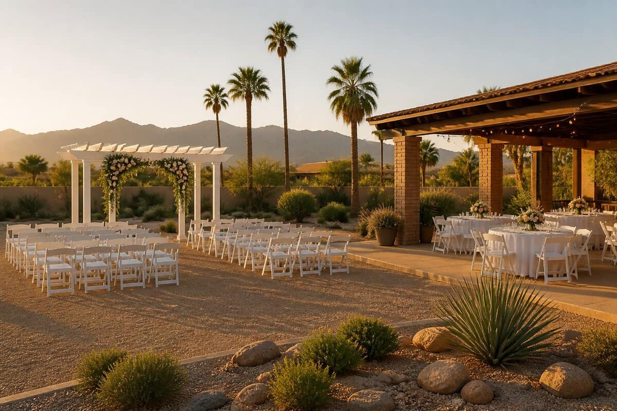 A modest outdoor wedding venue with white chairs, a floral arch, reception tables, and desert landscaping.