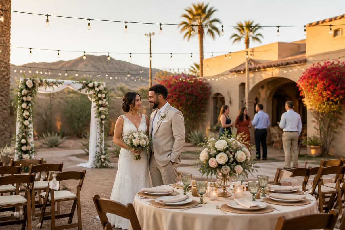 A couple stands near a simple outdoor wedding setup at a desert garden venue.