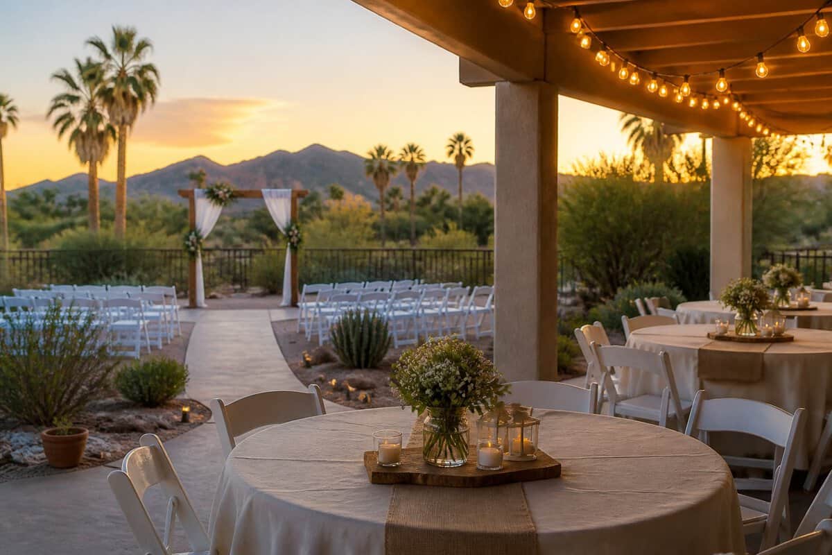 A simple outdoor wedding venue with decorated tables, string lights, and desert scenery at sunset.