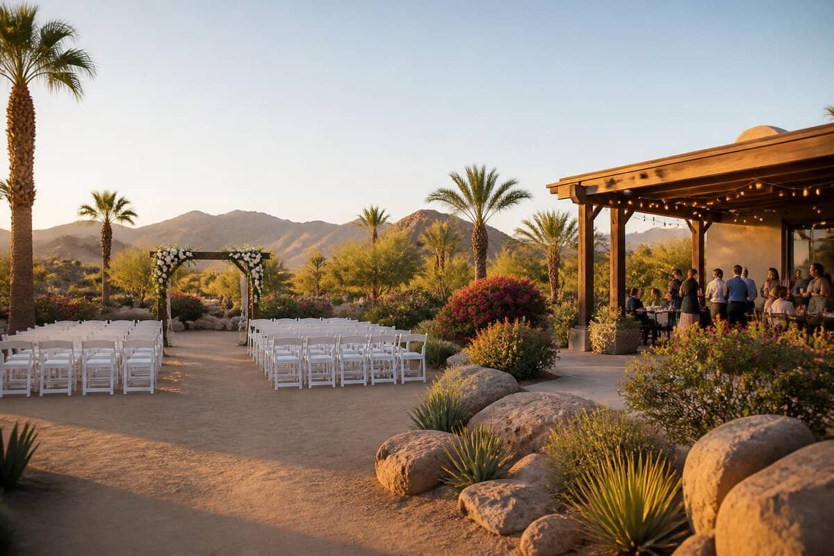 An affordable outdoor wedding venue in Yuma with white chairs, a floral arch, palm trees, and desert mountains.