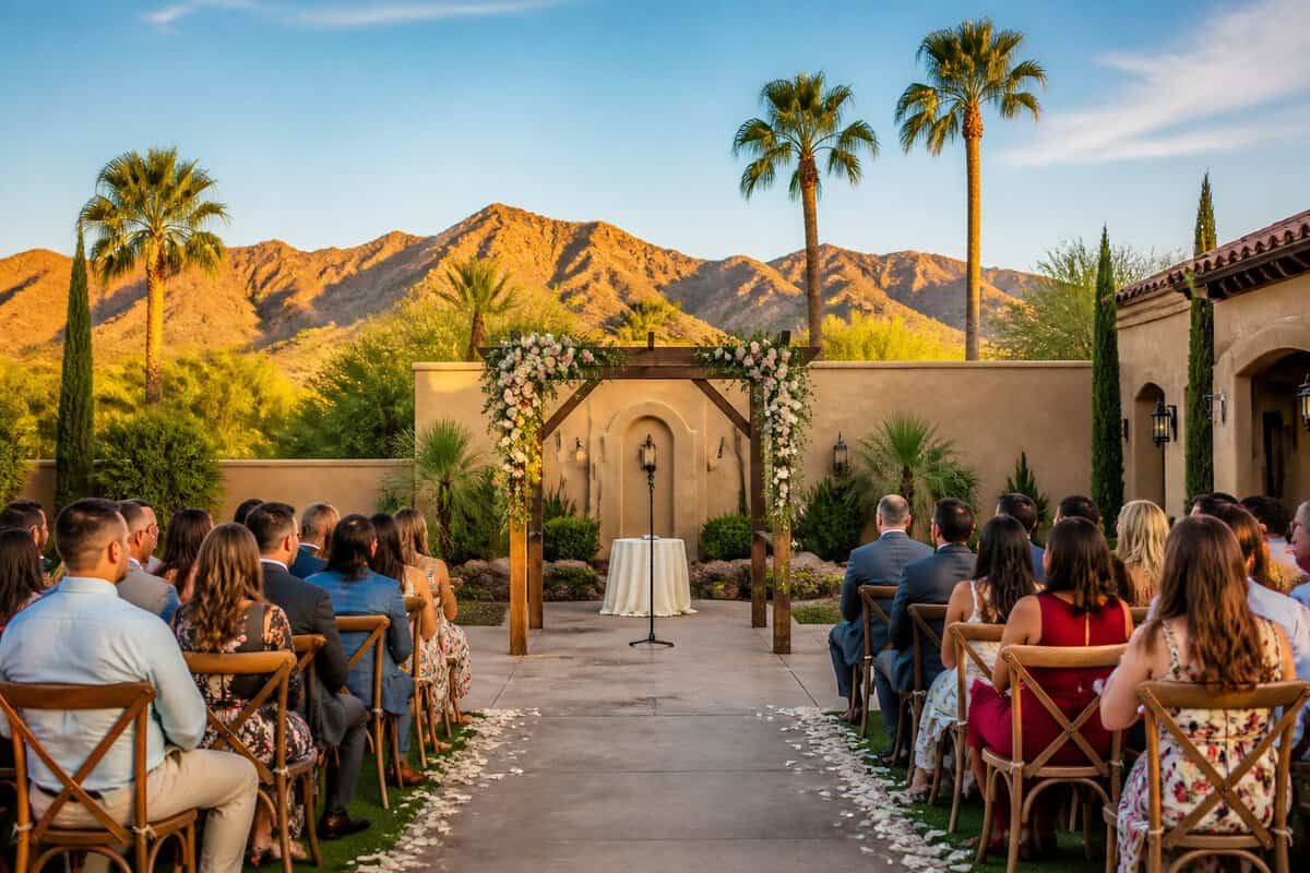 An outdoor wedding ceremony setup at a landscaped desert venue with flower decorations, chairs, guests, and distant mountains.
