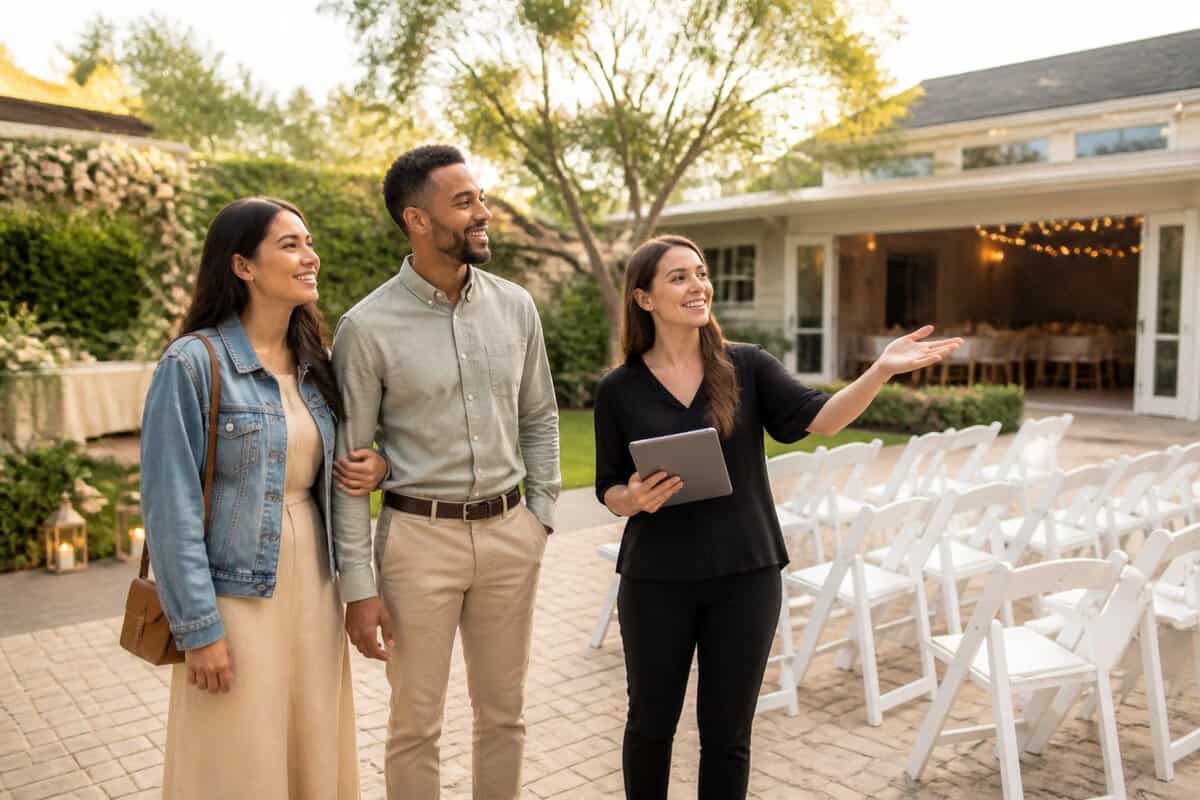 An engaged couple tours an affordable garden wedding venue with a coordinator.