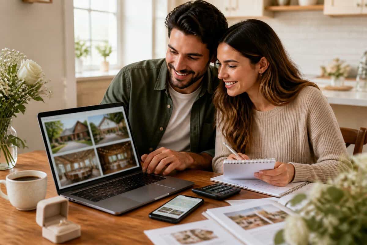 An engaged couple compares affordable wedding venue options on a laptop at a kitchen table.