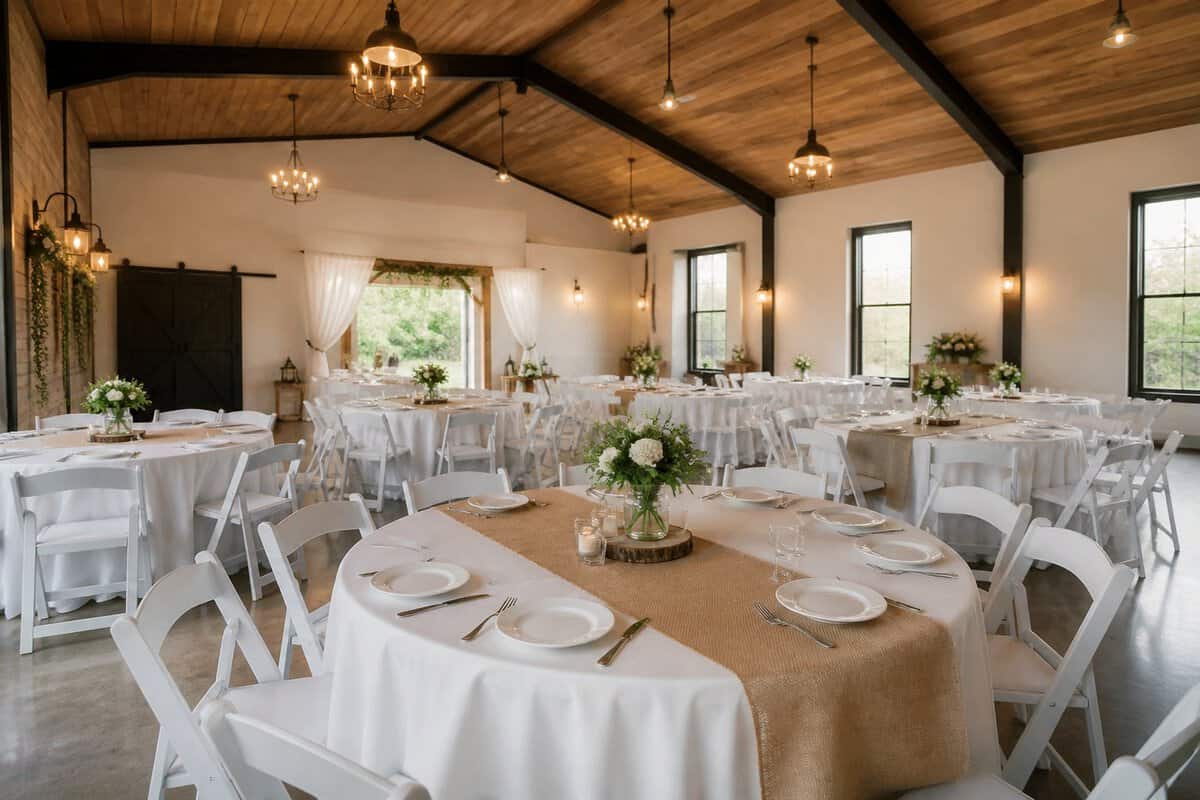 An elegant, modestly decorated wedding venue with round tables, chairs, and simple floral arrangements.