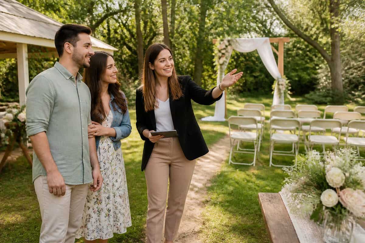 An engaged couple tours an affordable garden wedding venue with a coordinator.