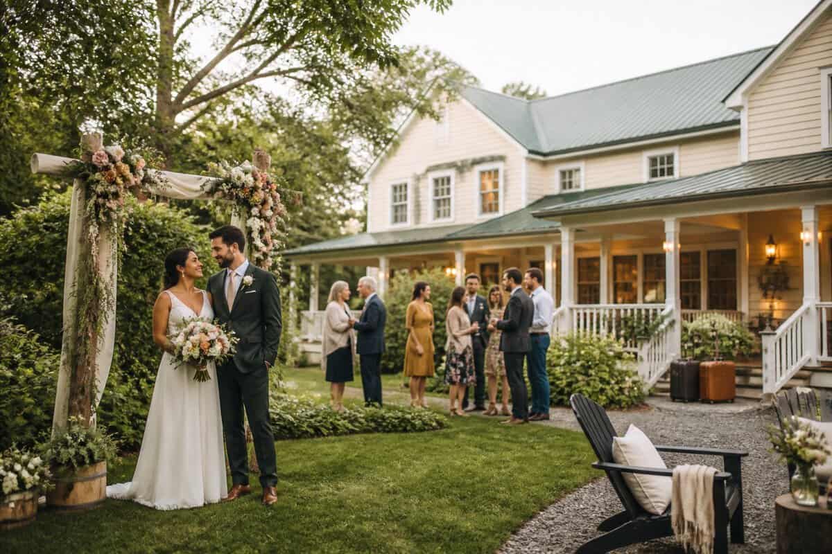 A newlywed couple and guests celebrate outside an affordable countryside wedding venue with overnight accommodations.