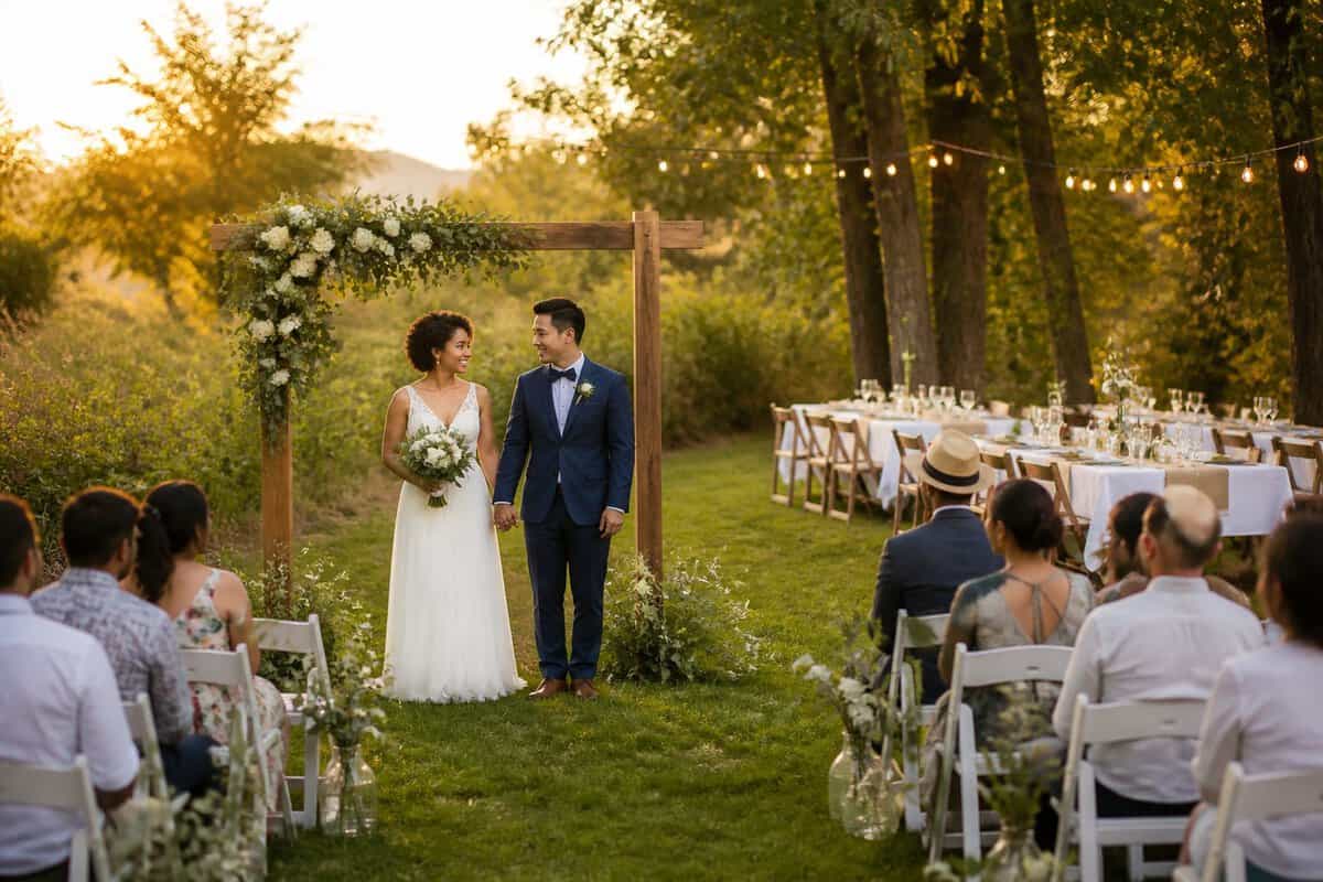 An intimate outdoor wedding ceremony setup in a garden with simple floral decorations, folding chairs, and string lights.