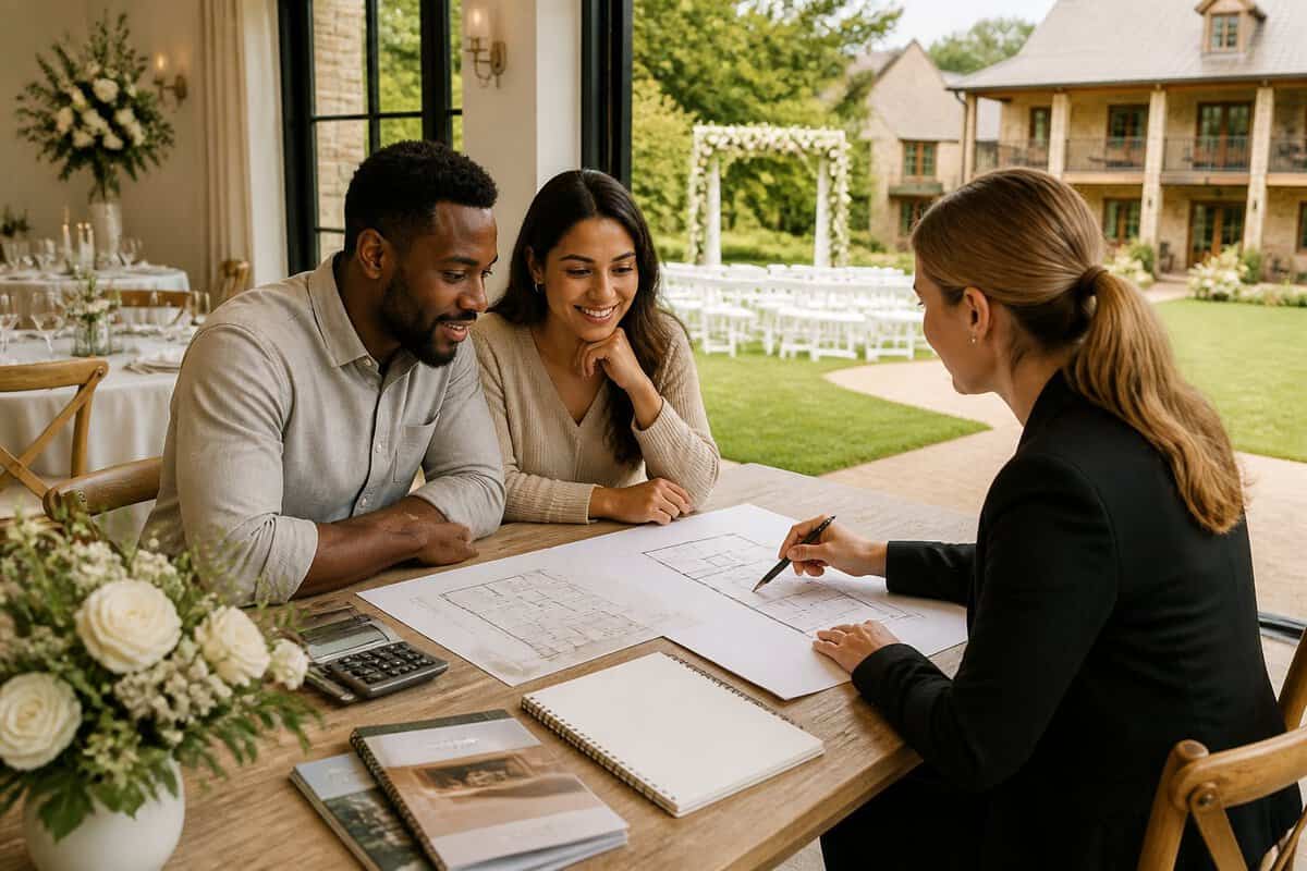 An engaged couple discusses wedding plans with a venue coordinator at a table inside a welcoming venue near overnight guest accommodations.