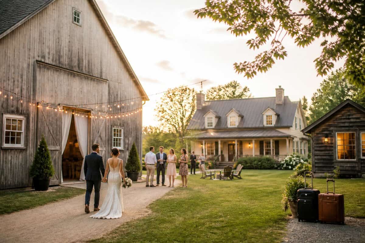 A newlywed couple and guests outside a charming wedding venue with nearby lodging.