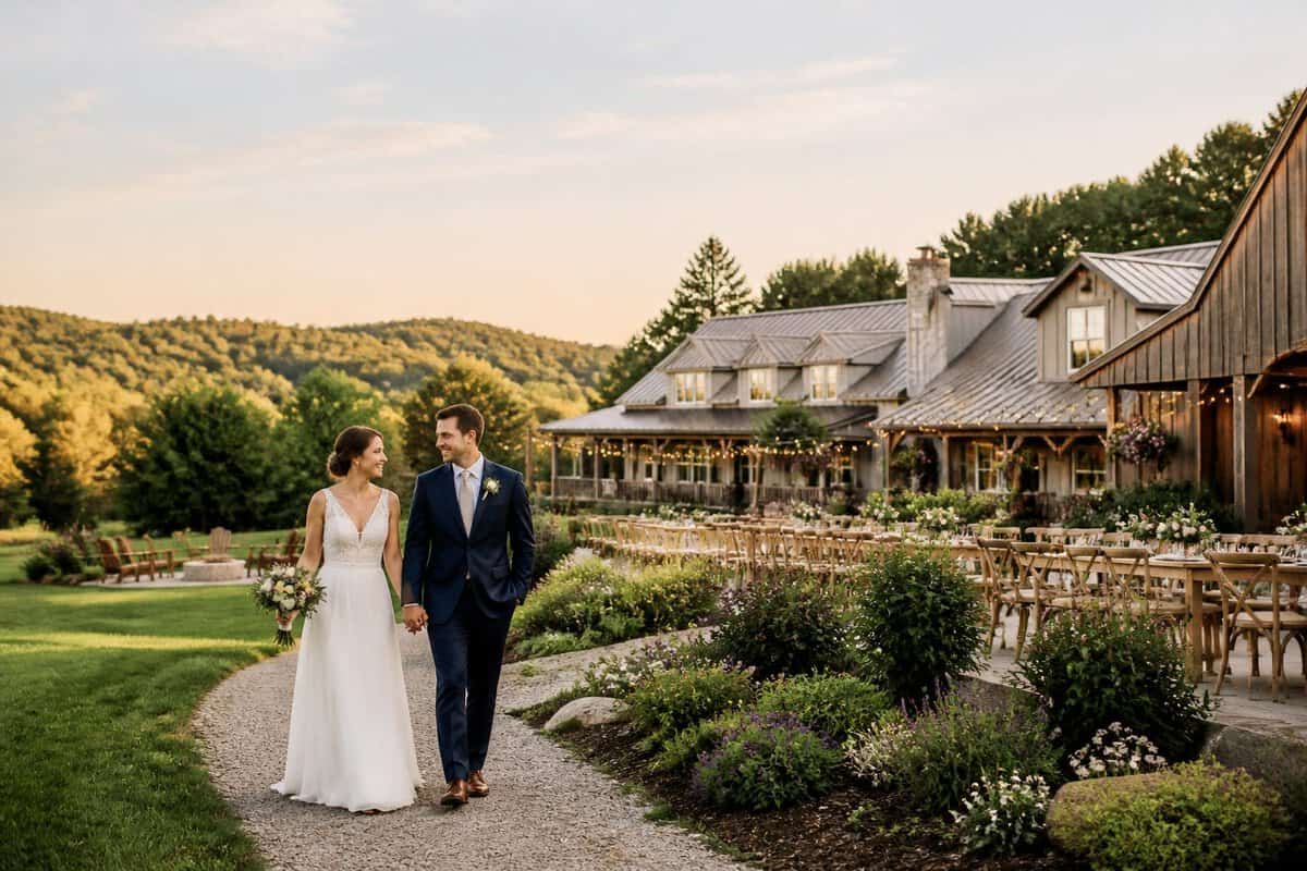 A newlywed couple walks beside a welcoming countryside wedding venue with guest accommodations.