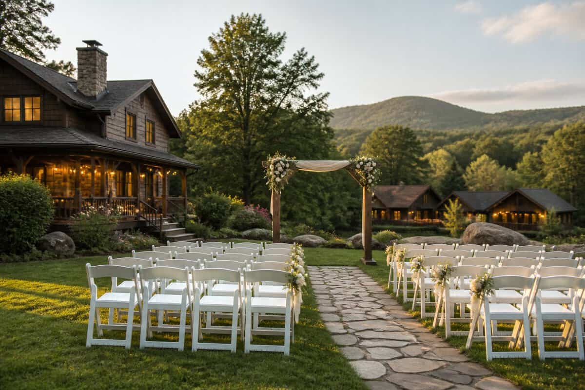 A scenic outdoor wedding ceremony area beside a cozy lodge with nearby guest accommodations.