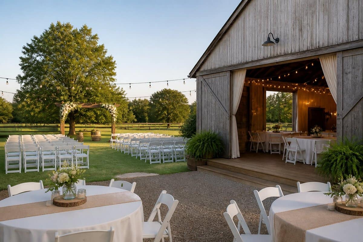 A charming affordable wedding venue with simple outdoor ceremony decorations, seating, greenery, and soft evening light.