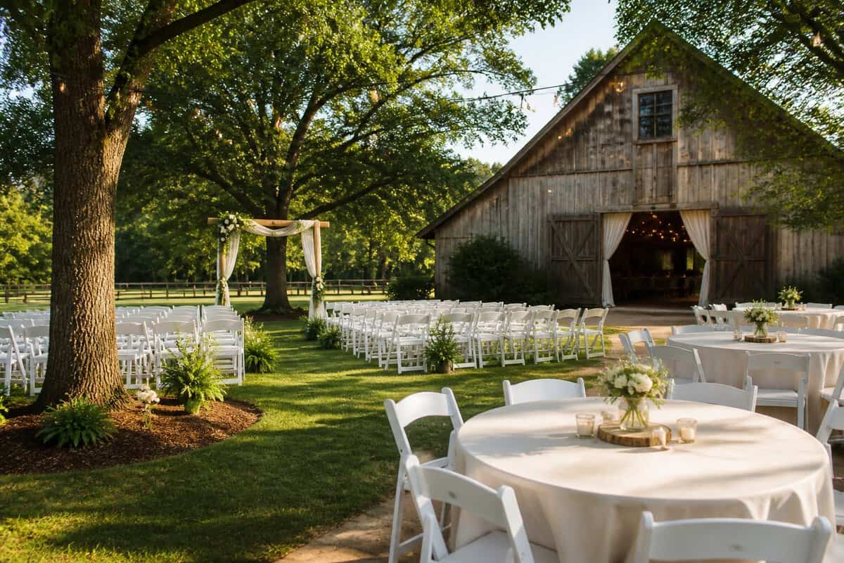 A modest outdoor wedding venue with white chairs, simple floral decorations, and a green lawn.