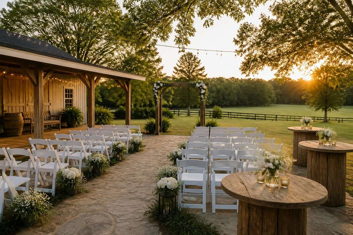 A modest outdoor wedding venue with white chairs, a flower-covered arbor, string lights, and a grassy lawn.