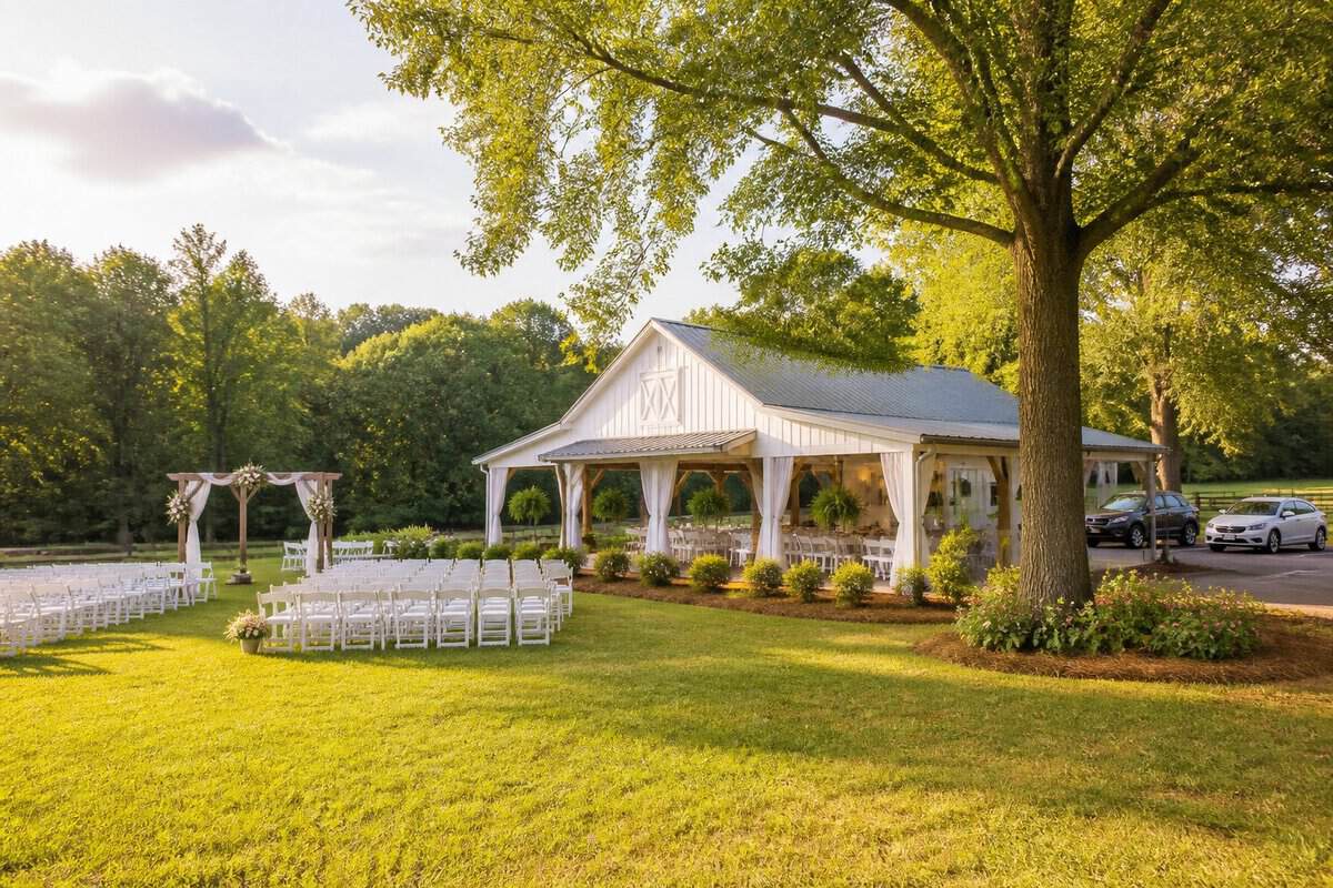 A modest countryside wedding venue with garden seating, a simple pavilion, and nearby parked cars.