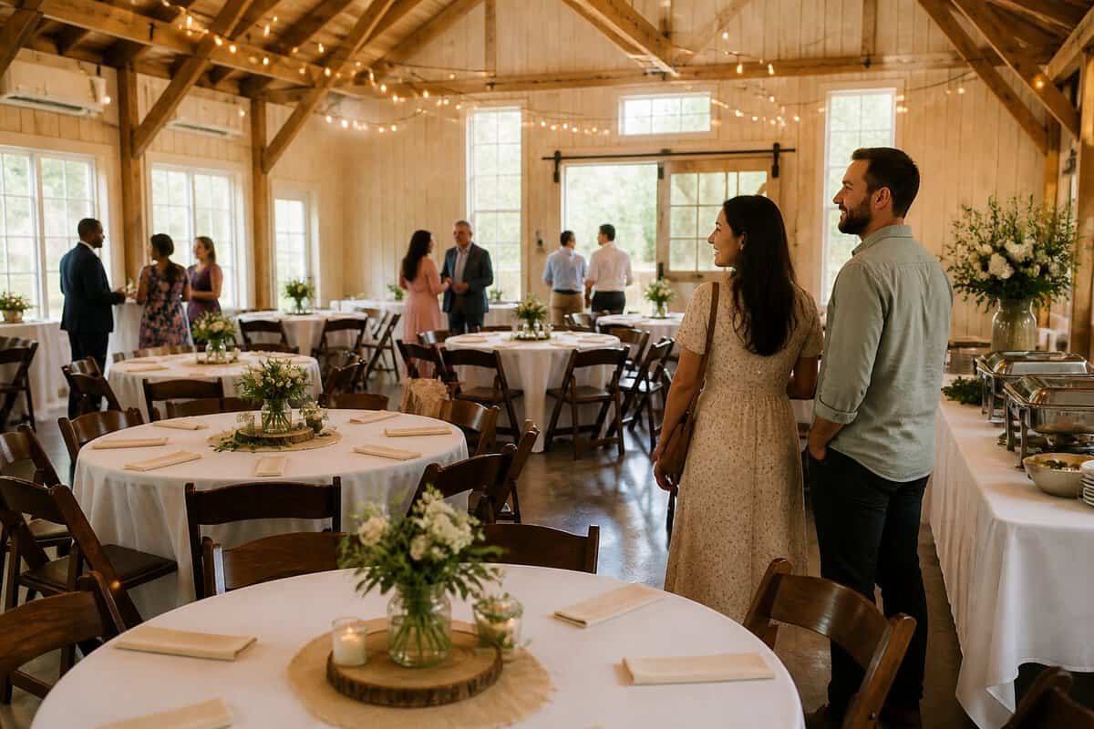 A couple tours a charming, simply decorated wedding reception venue with tables, greenery, and warm lighting.