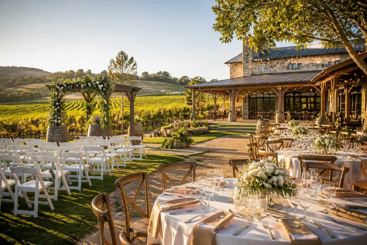 A simple wedding ceremony and reception setup at a winery surrounded by vineyard rows and rolling hills.
