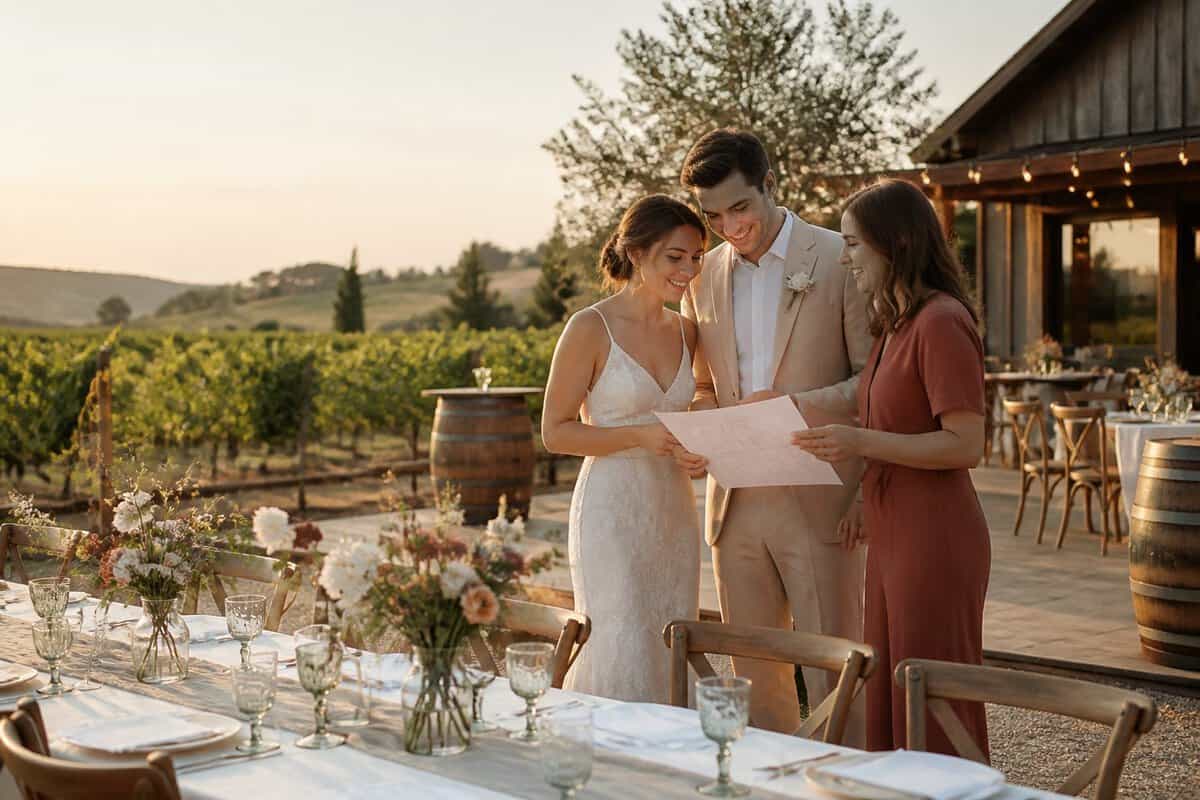 A couple and a winery coordinator discuss wedding plans beside a simple reception setup in a sunlit vineyard.