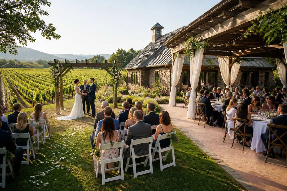 An intimate outdoor wedding ceremony and reception set among vineyard rows beside a winery.