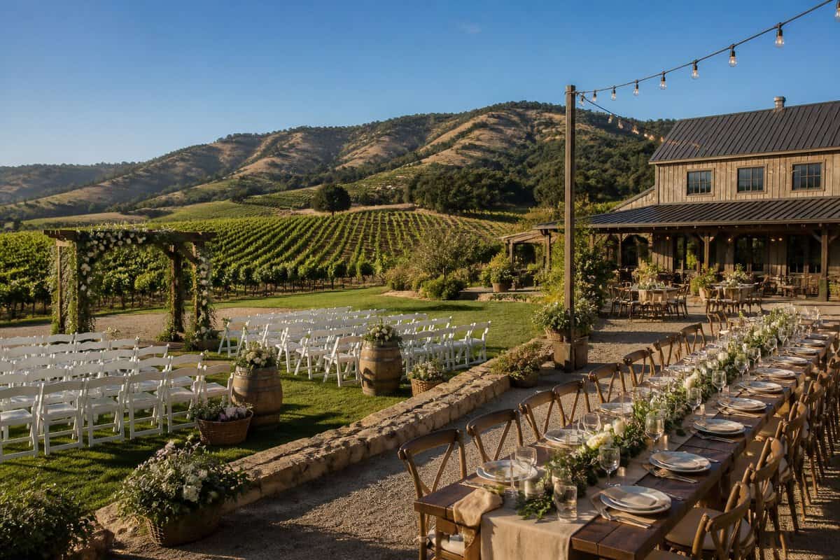 An outdoor wedding setup at a rustic winery surrounded by vineyard-covered hills.