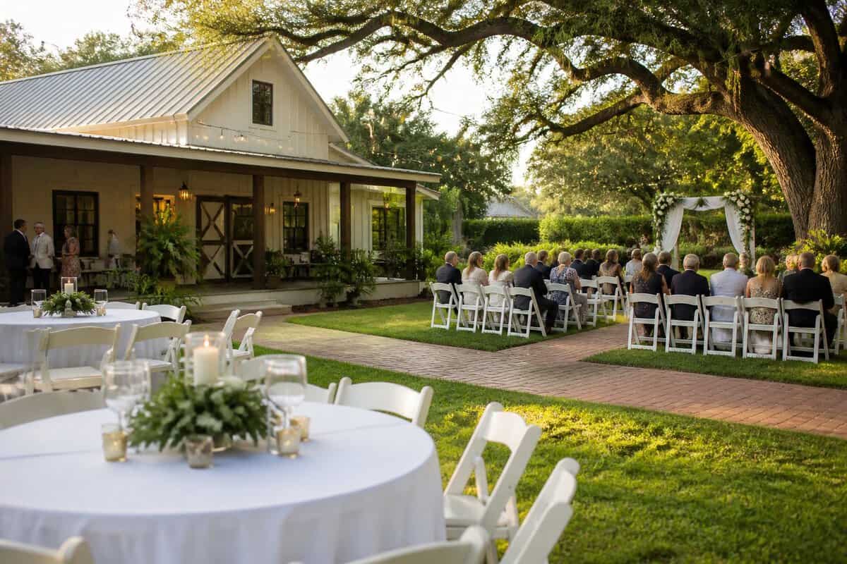 A modest decorated wedding venue with white chairs, floral arrangements, reception tables, and greenery beneath live oak trees.