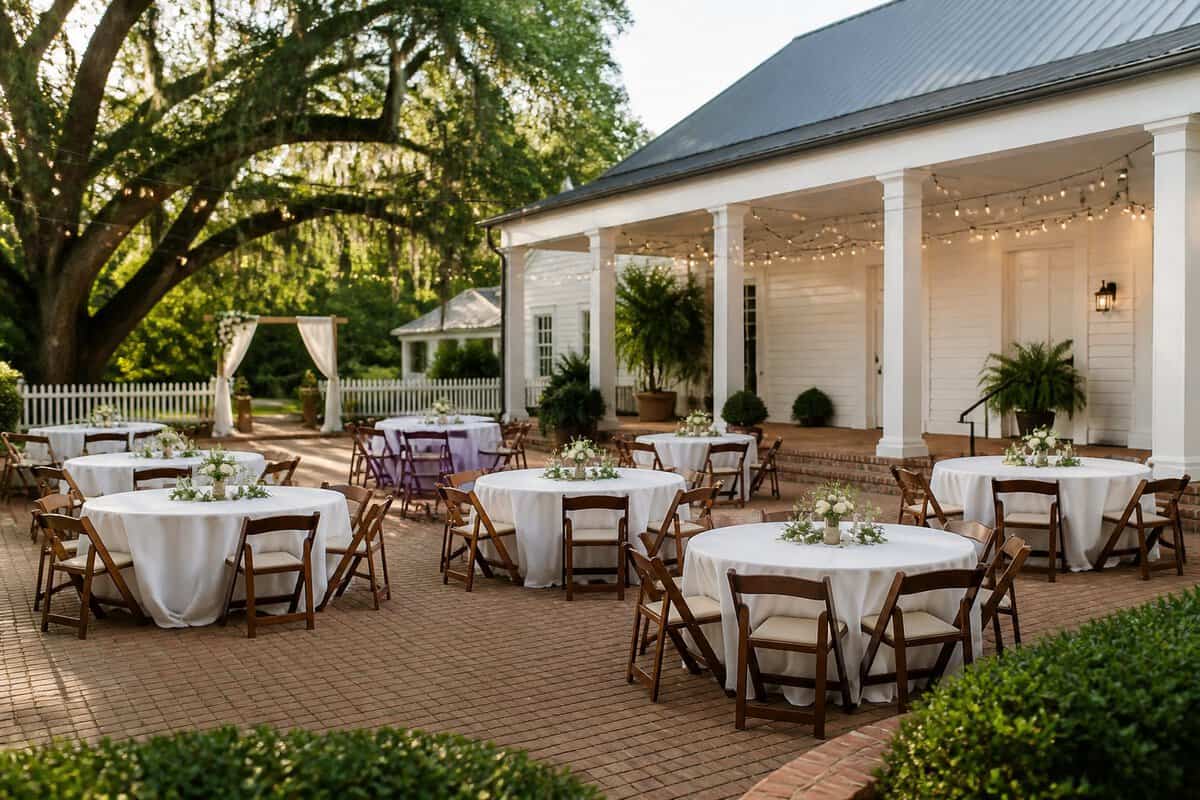 A modest Louisiana wedding venue with decorated reception tables beneath a covered outdoor pavilion surrounded by oak trees.