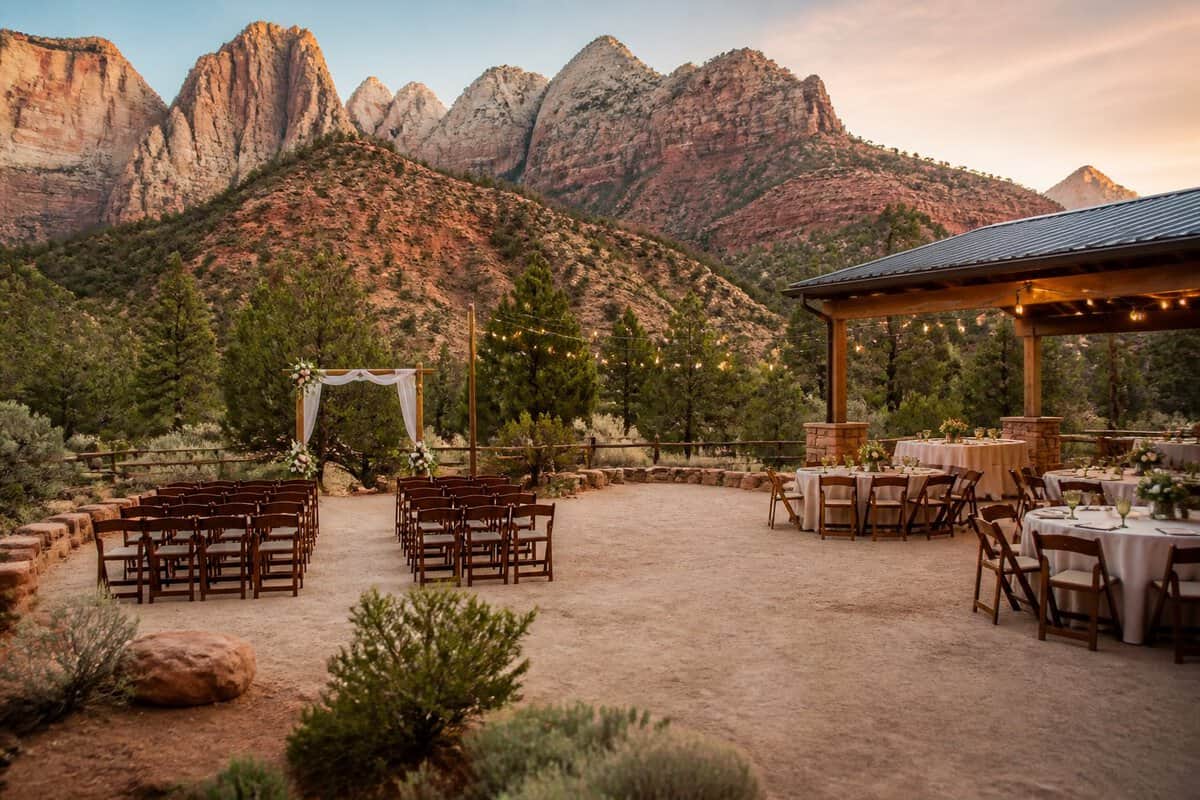 An outdoor wedding setup with simple decorations beneath red rock cliffs near Zion National Park.