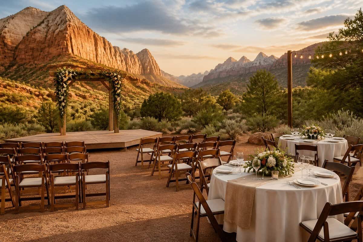An intimate outdoor wedding setup with simple chairs, floral decorations, and tables in a red-rock desert landscape.