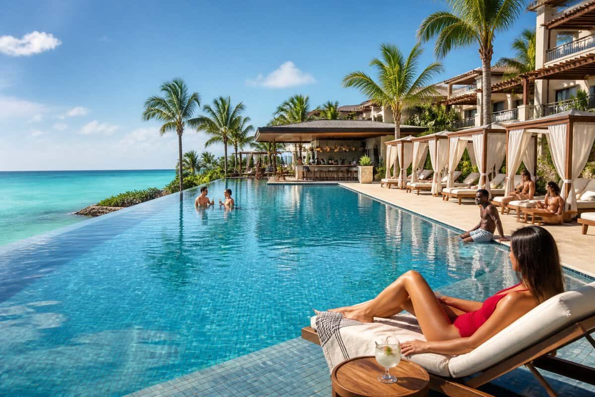 Adults relax beside an infinity pool at a luxurious tropical resort overlooking the ocean.