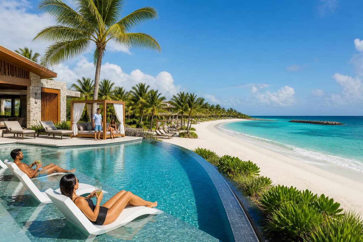 Adults relaxing beside an infinity pool at a luxurious Caribbean beachfront resort.