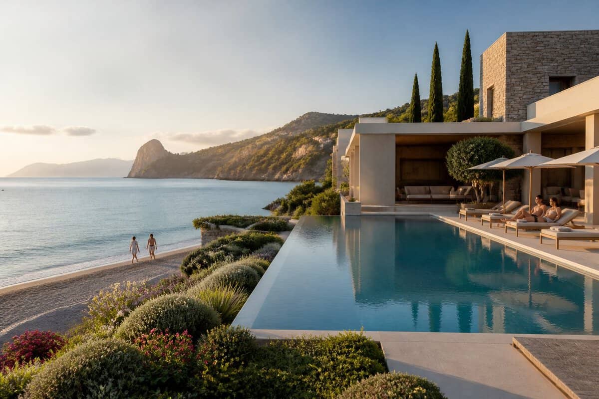 Adults relaxing at a luxurious beachfront resort with an infinity pool and scenic coastal views.