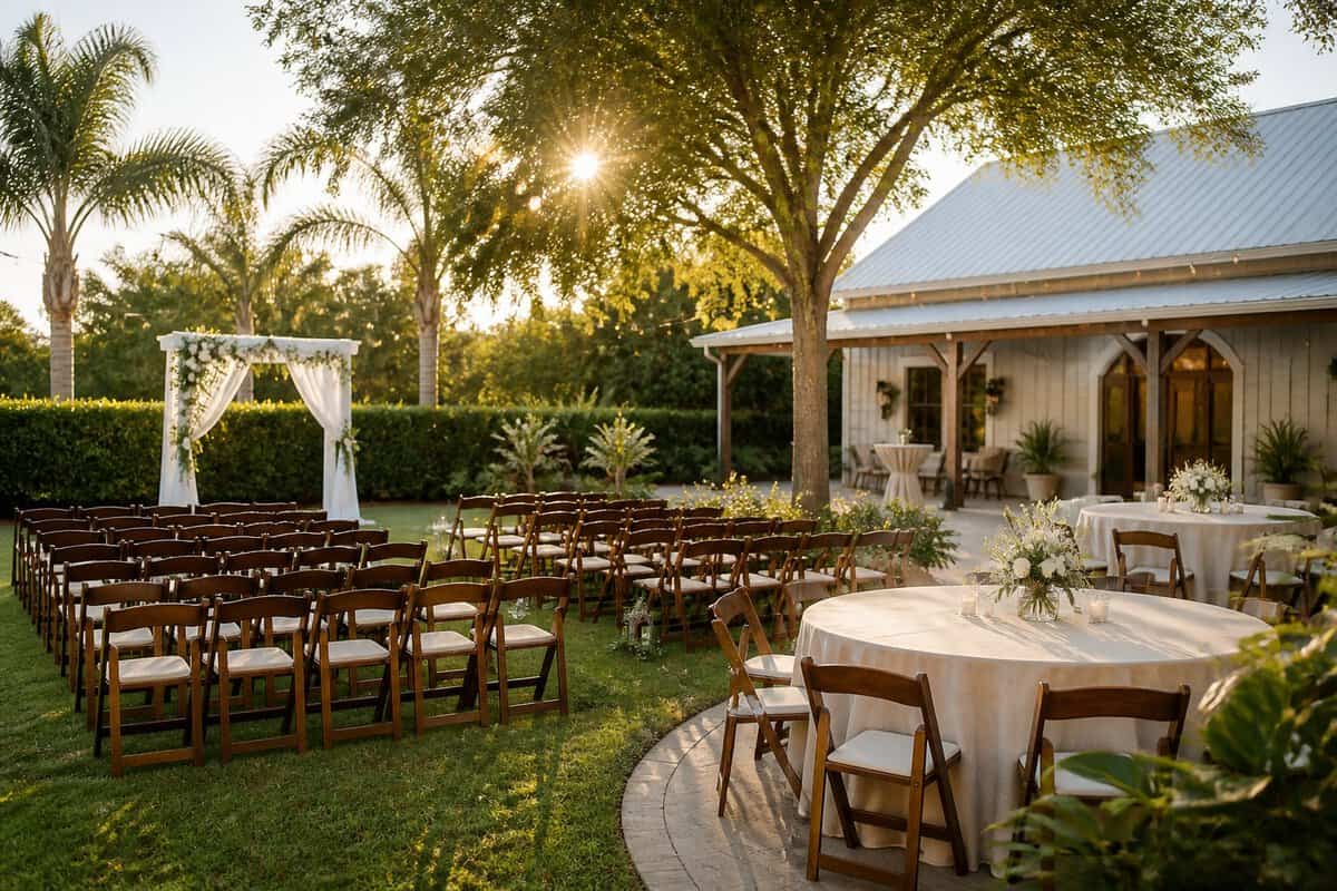 A modest outdoor wedding venue with a white ceremony arch, guest chairs, garden greenery, and simple decorated reception tables.
