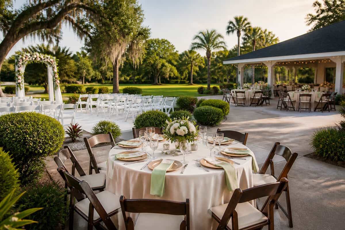 An outdoor wedding venue with arranged chairs, reception tables, and a small floral ceremony arch surrounded by greenery.